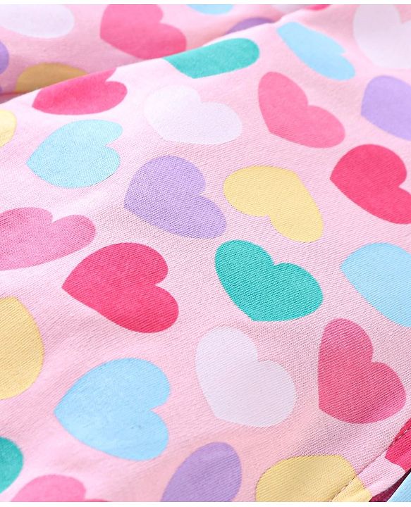 Babyhug Cotton Knit Full Sleeves Sleep Suit With Hearts Print - Pink