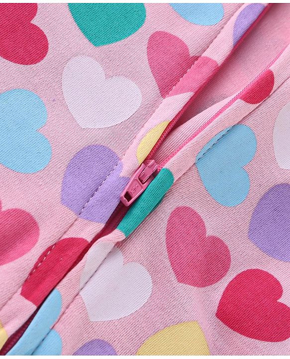 Babyhug Cotton Knit Full Sleeves Sleep Suit With Hearts Print - Pink