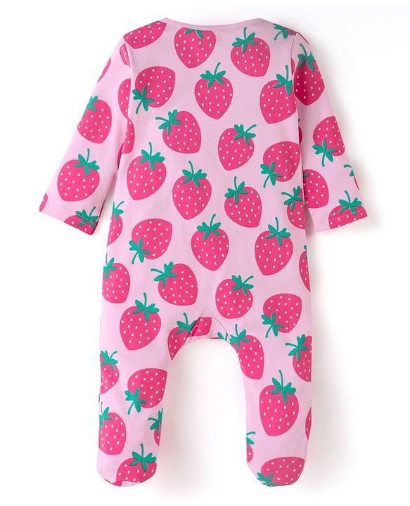 Babyhug Cotton Knit Full Sleeves Sleep Suit With Strawberry Print - Pink