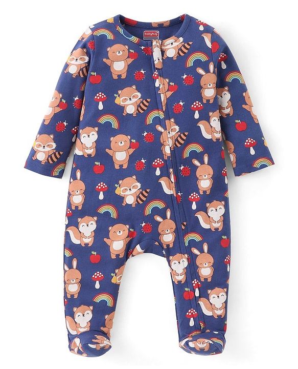 Babyhug Cotton Knit Full Sleeves Footed Sleep Suit with Bear & Fox Print - Navy Blue