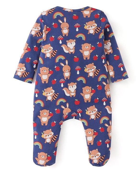 Babyhug Cotton Knit Full Sleeves Footed Sleep Suit with Bear & Fox Print - Navy Blue