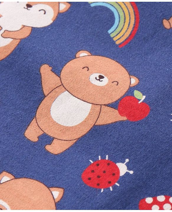Babyhug Cotton Knit Full Sleeves Footed Sleep Suit with Bear & Fox Print - Navy Blue