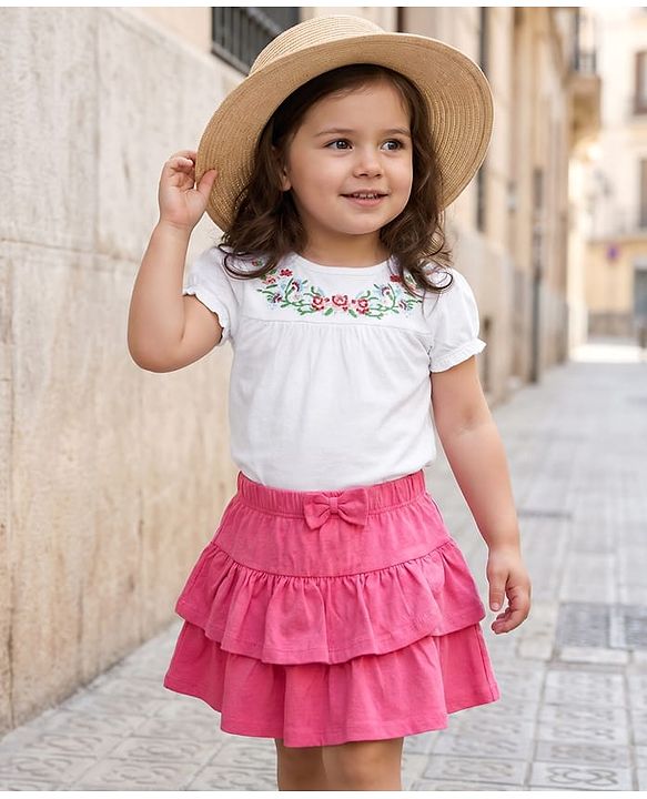 Babyhug Cotton Knit Half Sleeves Top & Layered Skirt Set With Floral Embroidery - White & Dark Pink