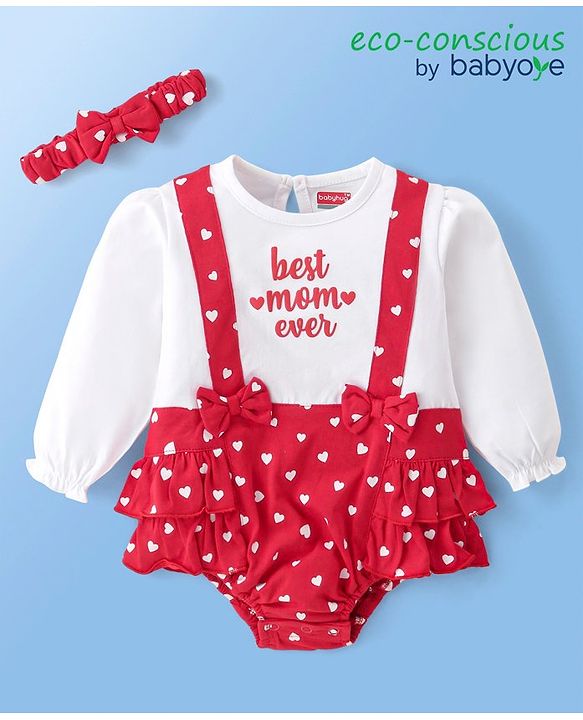 Babyhug 100% Cotton Knit Full Sleeves Text & Hear Printed Frill Detailing Onesie with Headband - Red