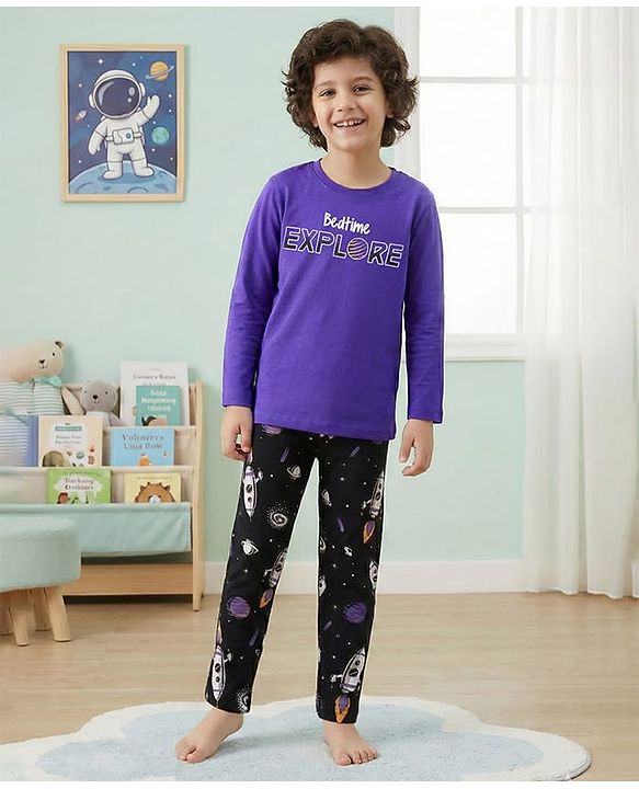 Pine Kids Single Jersey Knit Full Sleeves Night Suit with Space Theme Print - Purple & Black