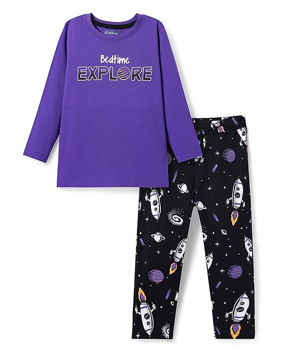 Pine Kids Single Jersey Knit Full Sleeves Night Suit with Space Theme Print - Purple & Black