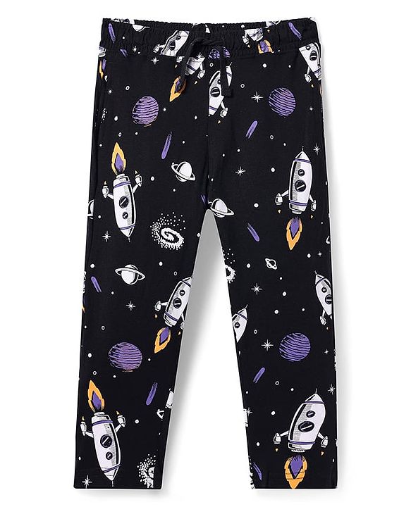 Pine Kids Single Jersey Knit Full Sleeves Night Suit with Space Theme Print - Purple & Black