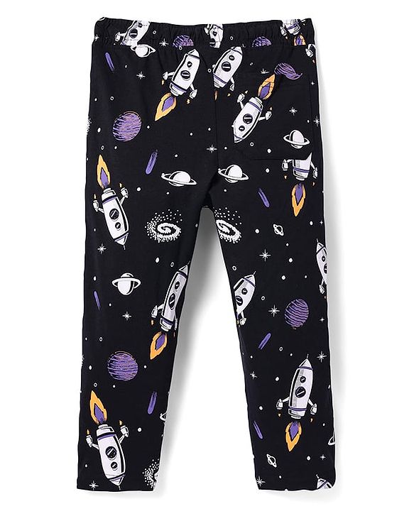 Pine Kids Single Jersey Knit Full Sleeves Night Suit with Space Theme Print - Purple & Black
