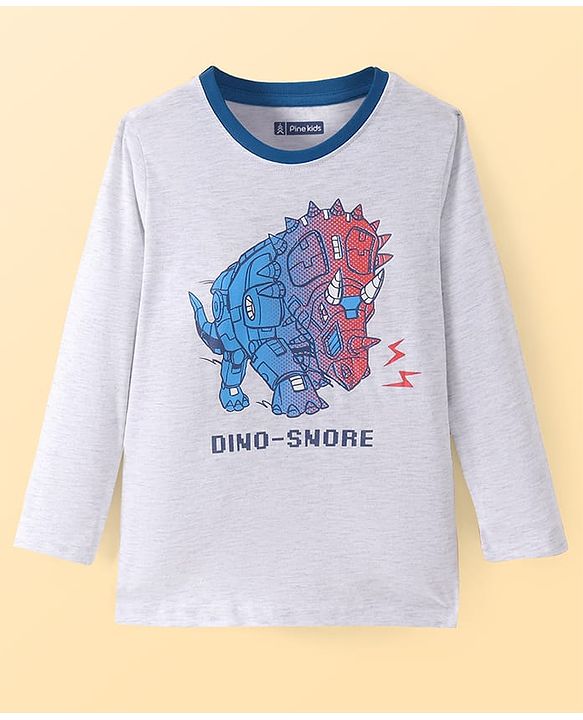 Pine Kids Single Jersey Knit Full Sleeves Night Suit with Dino Print - Navy Blue & Grey