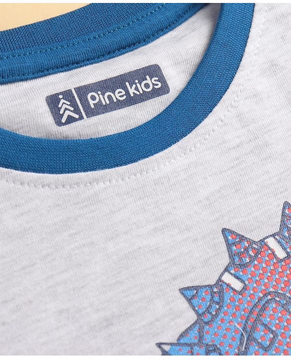 Pine Kids Single Jersey Knit Full Sleeves Night Suit with Dino Print - Navy Blue & Grey