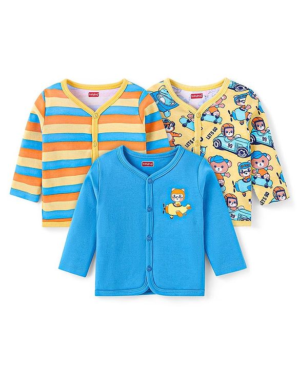 Babyhug 100% Cotton Antibacterial Front Open Vest With Prints Pack of 3 - Blue & Yellow