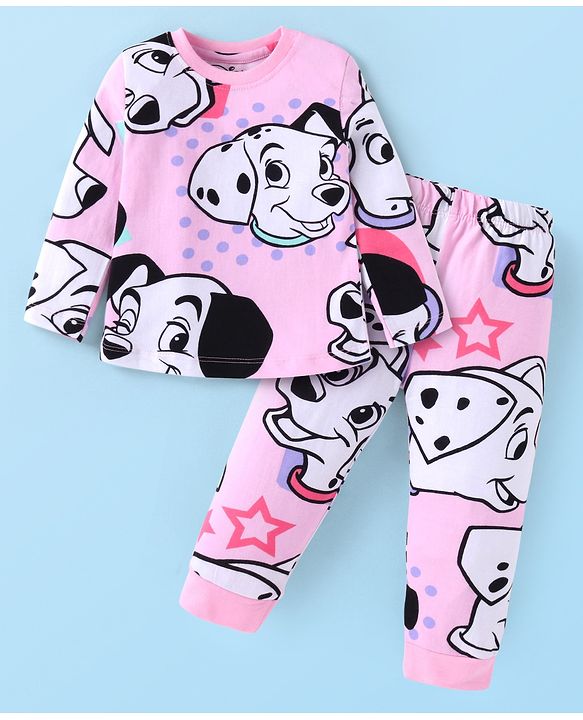 Babyhug Disney Single Jersey Knit Full Sleeves Night Suit with 101 Dalmatians Print - Pink