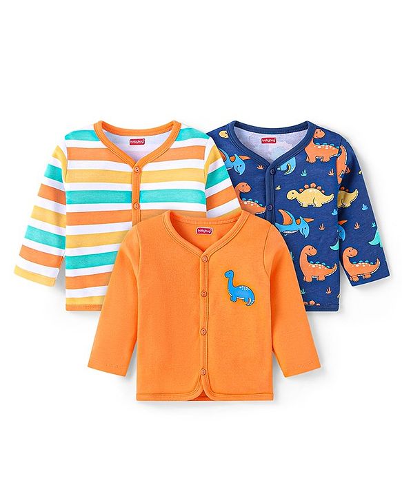 Babyhug 100% Cotton Antibacterial Front Open Vest With Dino Print Pack of 3 - Blue & Orange