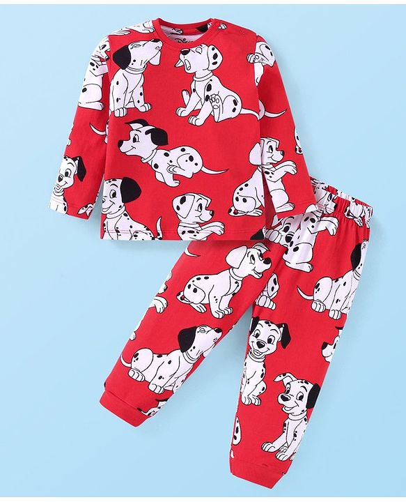 Babyhug Disney Single Jersey Knit Full Sleeves Night Suit with 101 Dalmatians Print - Red