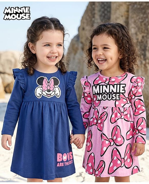 Babyhug Disney Single Jersey Knit Full Sleeves Frocks With Minnie Mouse Graphics & Frill Detailing Pack of 2 - Pink & Navy Blue