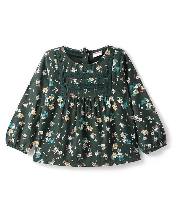 Babyhug Rayon Woven Full Sleeves Top With Floral Print & Lace Detailing - Dark Green
