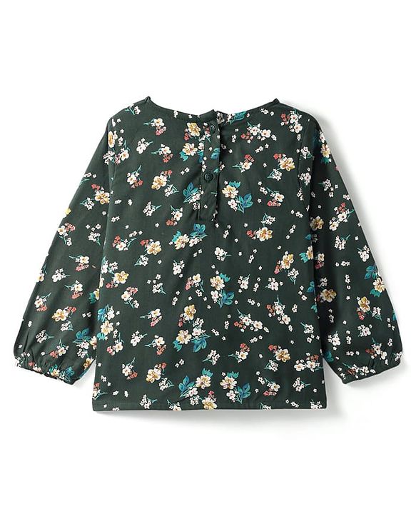 Babyhug Rayon Woven Full Sleeves Top With Floral Print & Lace Detailing - Dark Green