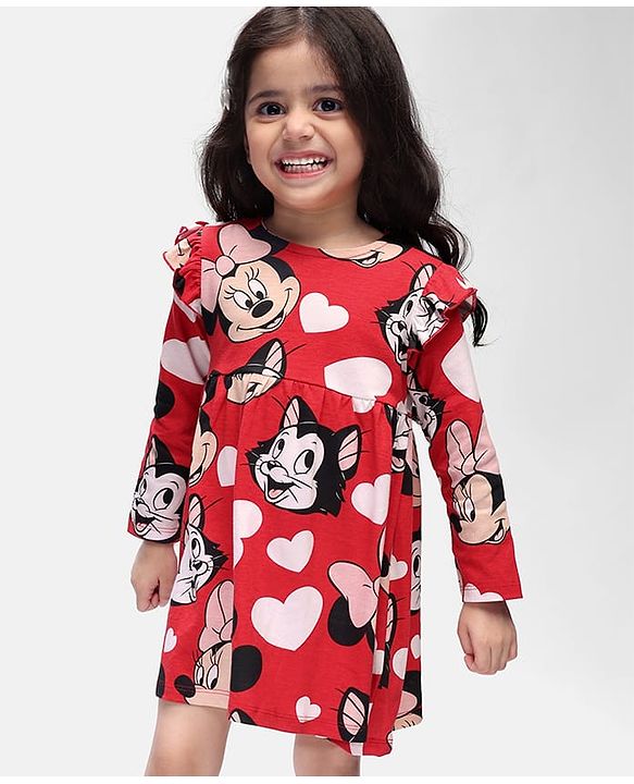 Babyhug Disney Single Jersey Knit Full Sleeves Frock With Minnie Mouse Graphics & Bloomer - Red