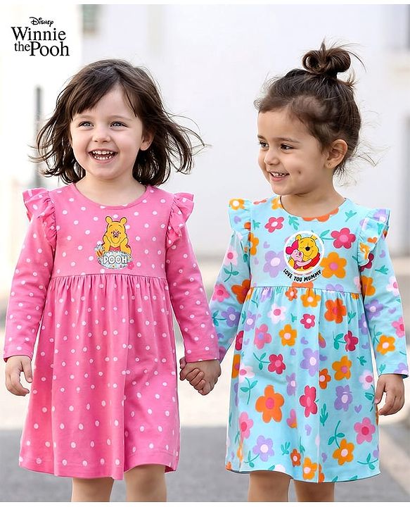 Babyhug Disney Single Jersey Knit Full Sleeves Frock With Winnie The Pooh Graphics & Frill Detailing Pack of 2 - Dark Pink & Light Blue