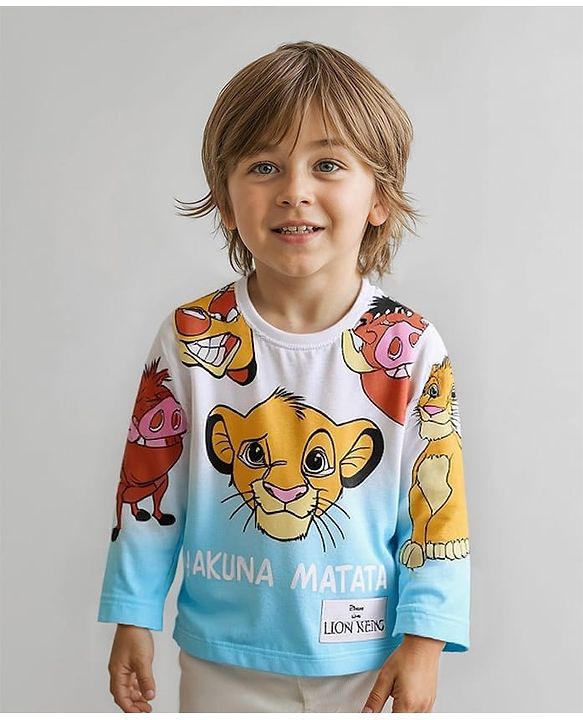 Babyhug Disney Knit Full Sleeves T-Shirt with The Lion King Graphics and badge detailing- White & Blue