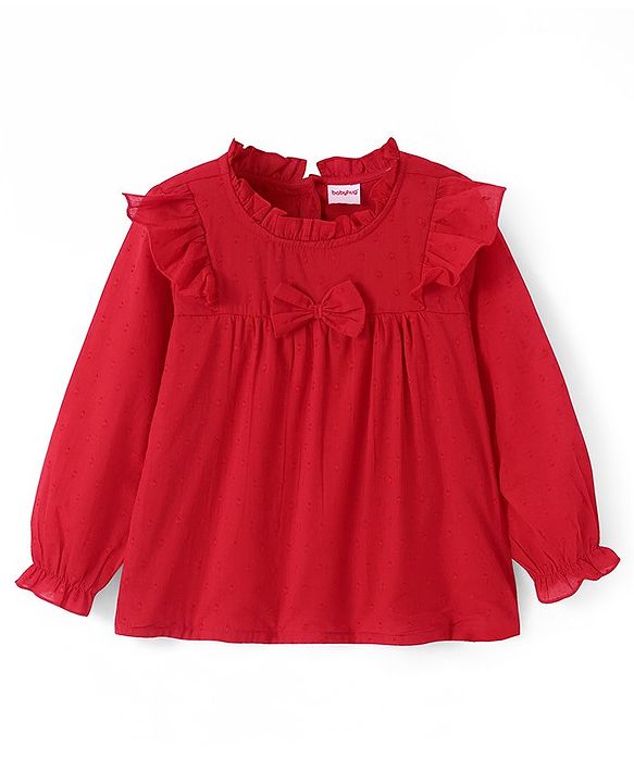 Babyhug Rayon Woven Full Sleeves Solid Colour Top with Bow Applique & Frill Detailing - Red