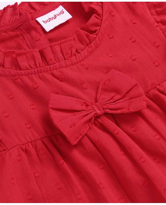 Babyhug Rayon Woven Full Sleeves Solid Colour Top with Bow Applique & Frill Detailing - Red