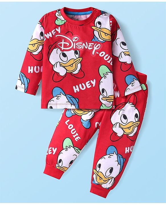 Babyhug Disney Cotton Knit Full Sleeves Night Suit With Donald Duck & Friends Print - Red