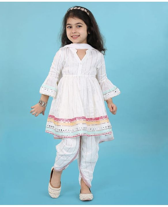 Babyhug Woven Three Fourth Sleeves Mirror Work Embroidered Kurta & Dhoti Set with Dupatta - White