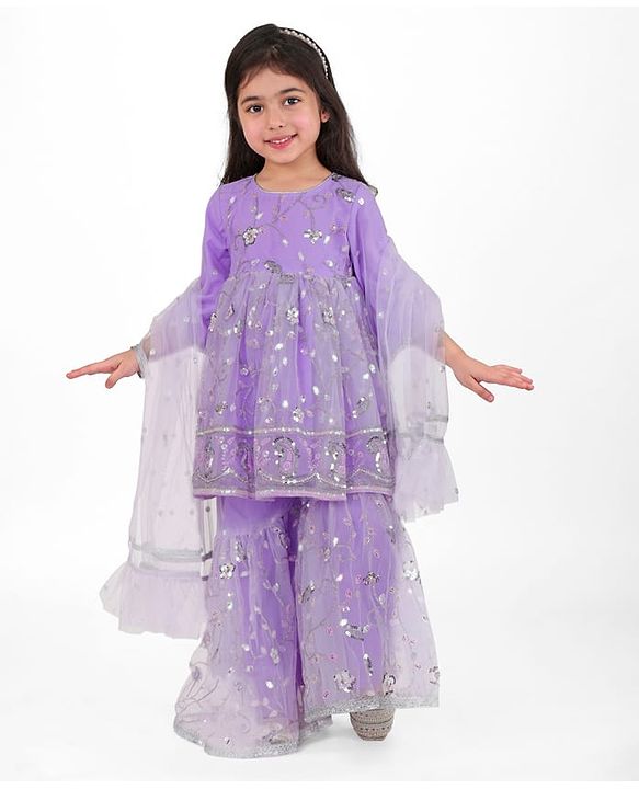 Babyhug Woven Three Fourth Sleeves Sequinned Kurta Gharara Set with Net Dupatta-Lavender