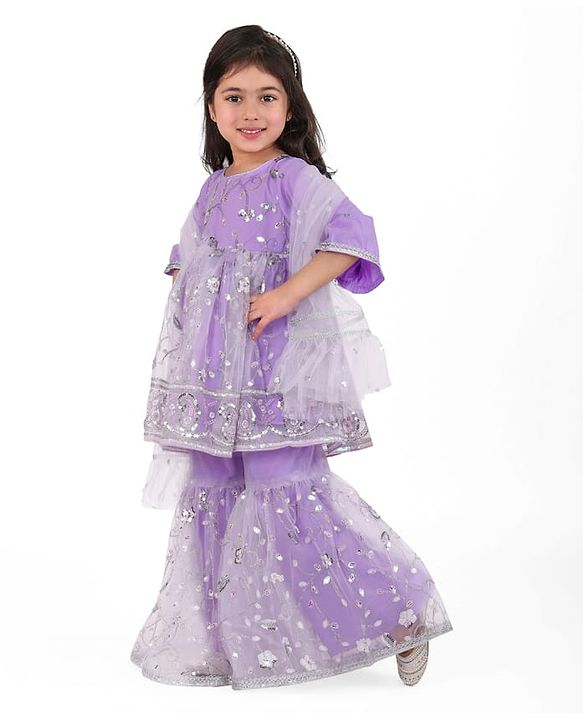 Babyhug Woven Three Fourth Sleeves Sequinned Kurta Gharara Set with Net Dupatta-Lavender