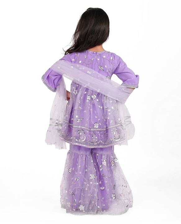 Babyhug Woven Three Fourth Sleeves Sequinned Kurta Gharara Set with Net Dupatta-Lavender