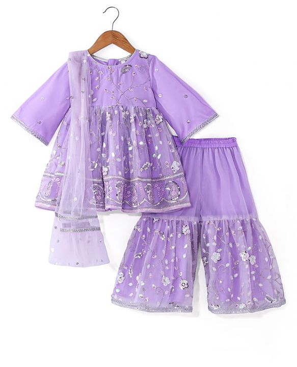 Babyhug Woven Three Fourth Sleeves Sequinned Kurta Gharara Set with Net Dupatta-Lavender
