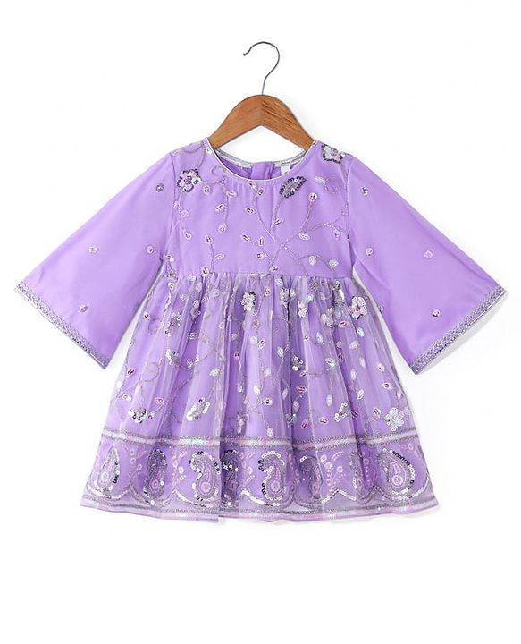 Babyhug Woven Three Fourth Sleeves Sequinned Kurta Gharara Set with Net Dupatta-Lavender