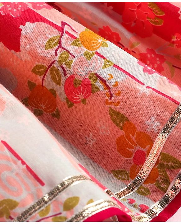 Babyhug Cotton Woven Peasant Sleeves Floral Printed Kurti Gharara & Dupatta Set with Tassle Detailing - Peach