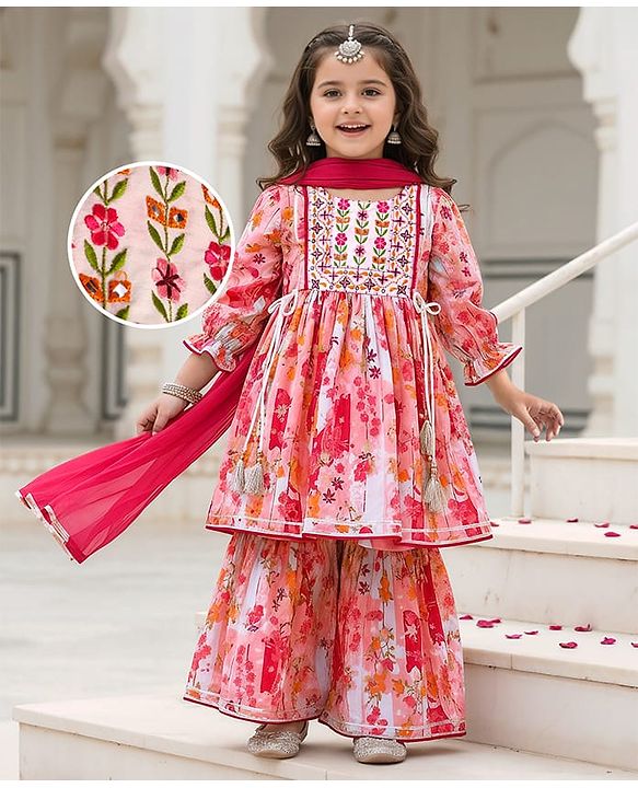 Babyhug Cotton Woven Peasant Sleeves Floral Printed Kurti Gharara & Dupatta Set with Tassle Detailing - Peach