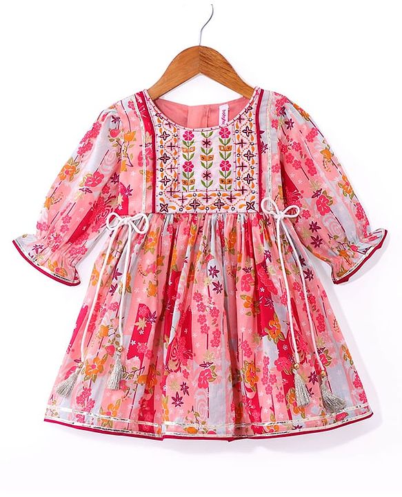 Babyhug Cotton Woven Peasant Sleeves Floral Printed Kurti Gharara & Dupatta Set with Tassle Detailing - Peach