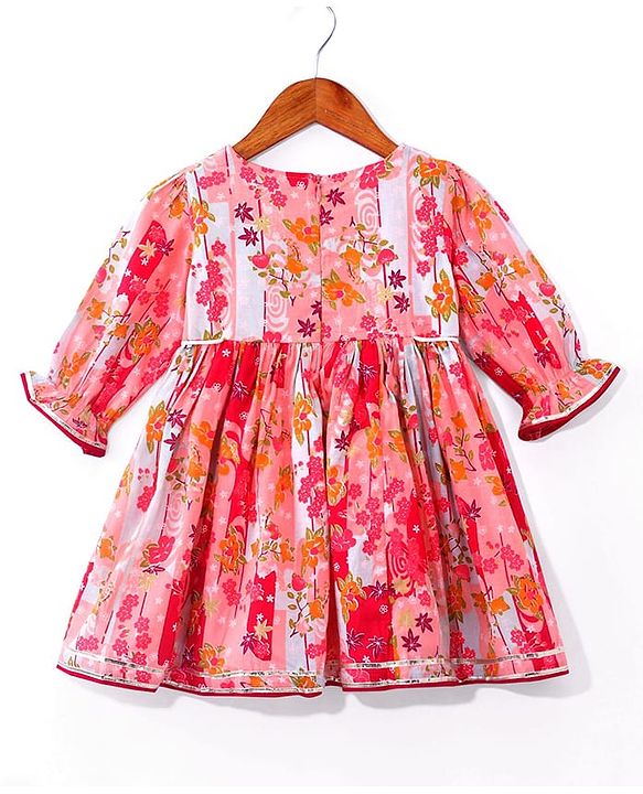 Babyhug Cotton Woven Peasant Sleeves Floral Printed Kurti Gharara & Dupatta Set with Tassle Detailing - Peach
