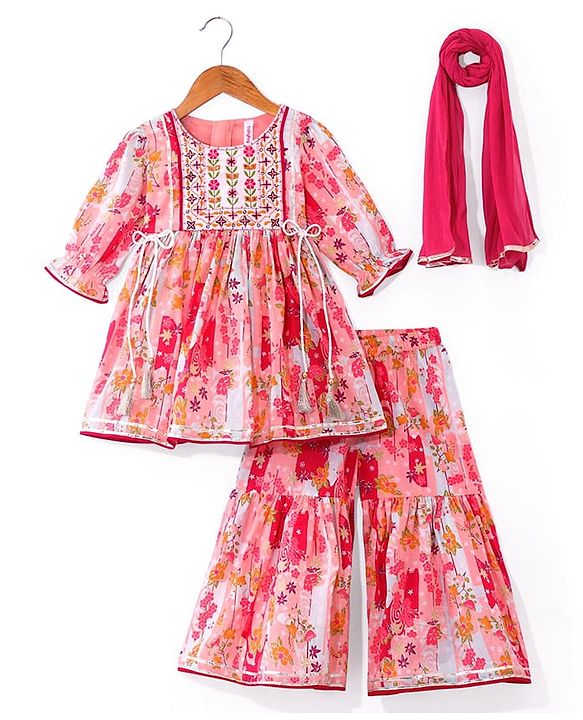 Babyhug Cotton Woven Peasant Sleeves Floral Printed Kurti Gharara & Dupatta Set with Tassle Detailing - Peach