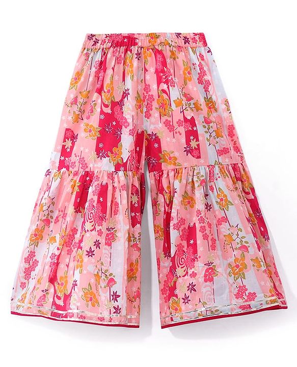 Babyhug Cotton Woven Peasant Sleeves Floral Printed Kurti Gharara & Dupatta Set with Tassle Detailing - Peach