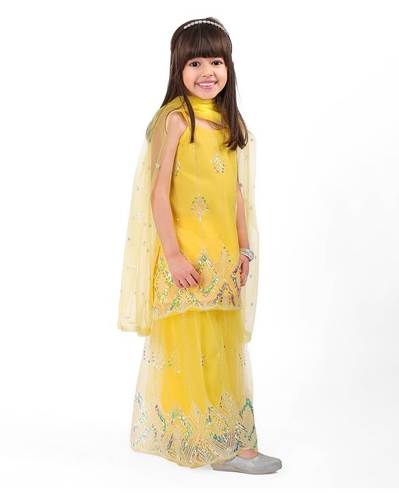 Babyhug Woven Sleeveless Net Sequins Embroidered Kurti Palazzo Set with Dupatta - Yellow