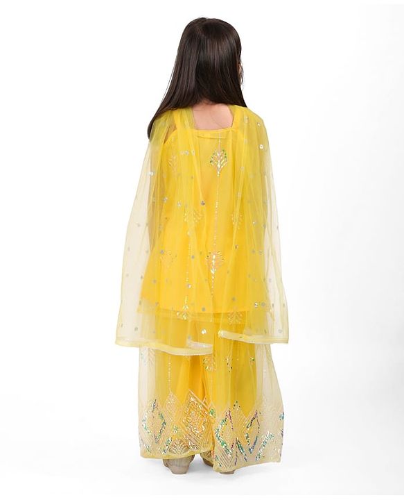 Babyhug Woven Sleeveless Net Sequins Embroidered Kurti Palazzo Set with Dupatta - Yellow
