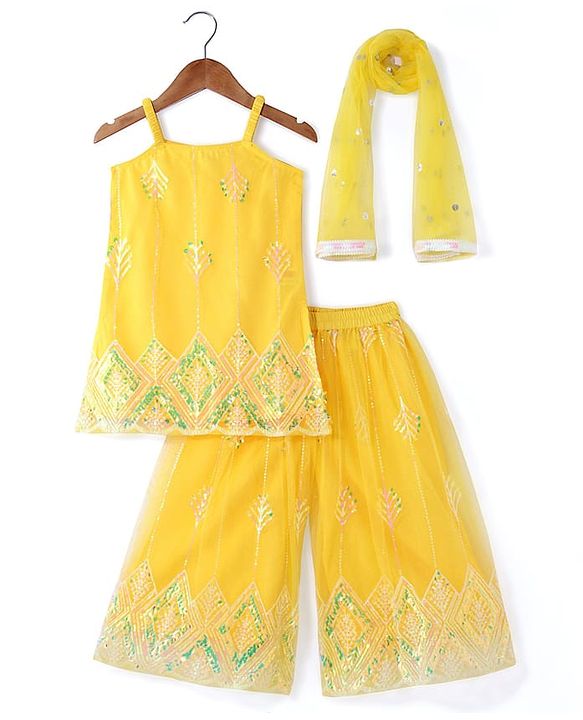 Babyhug Woven Sleeveless Net Sequins Embroidered Kurti Palazzo Set with Dupatta - Yellow