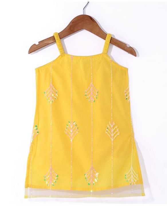 Babyhug Woven Sleeveless Net Sequins Embroidered Kurti Palazzo Set with Dupatta - Yellow