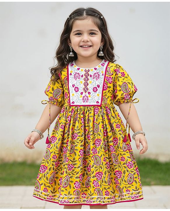Babyhug Cotton Woven Short Sleeves Cambric Floral Printed Ethnic Dress with Embroidery - Yellow