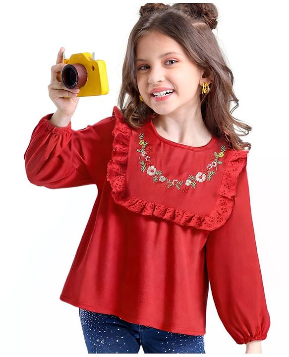 Babyhug Rayon Woven Full Sleeves Top with Frills & Foral Embroidery - Red