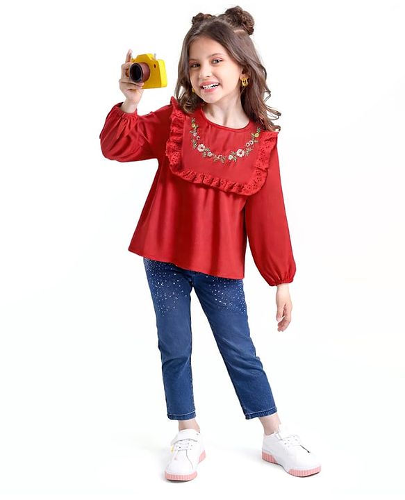 Babyhug Rayon Woven Full Sleeves Top with Frills & Foral Embroidery - Red