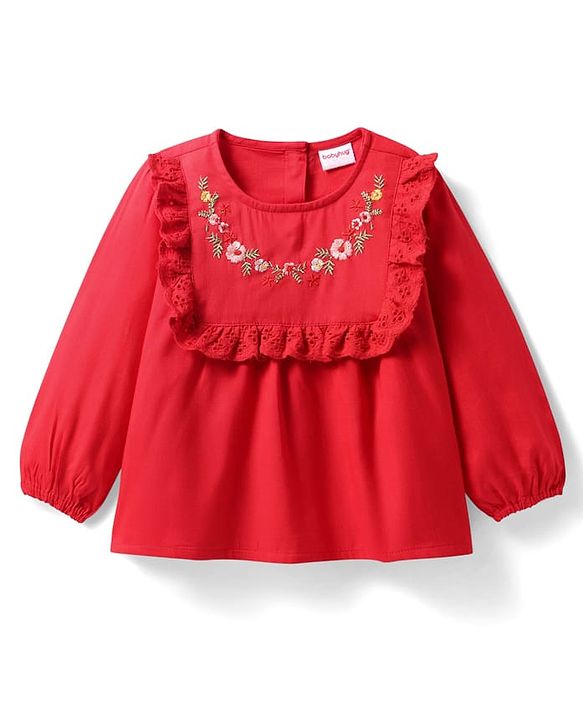 Babyhug Rayon Woven Full Sleeves Top with Frills & Foral Embroidery - Red