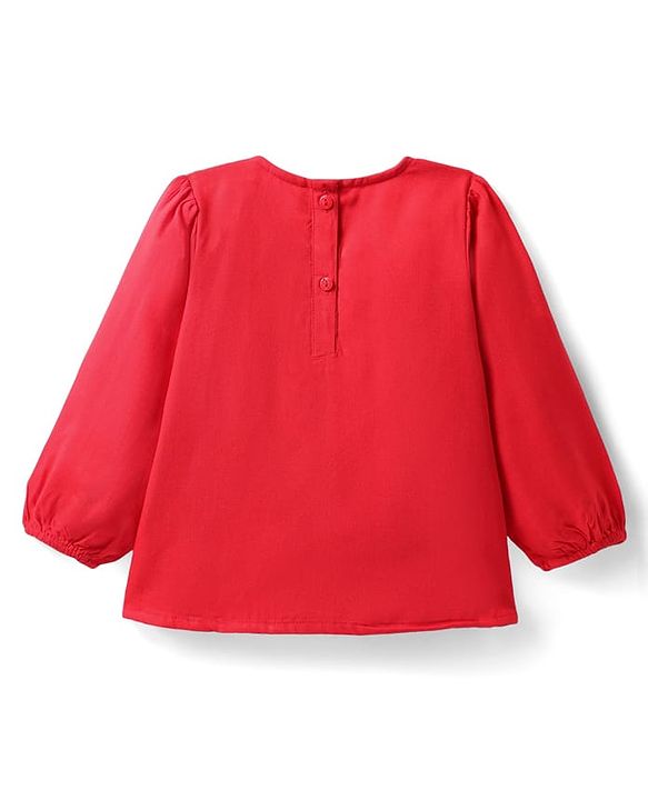 Babyhug Rayon Woven Full Sleeves Top with Frills & Foral Embroidery - Red