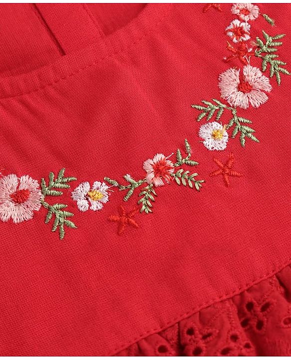 Babyhug Rayon Woven Full Sleeves Top with Frills & Foral Embroidery - Red