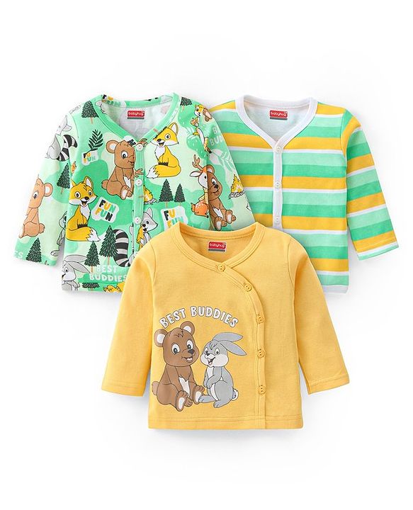 Babyhug 100% Cotton Knit Full Sleeves Front Open Vest Bear & Bunny Print Pack of 3 - Yellow & Green